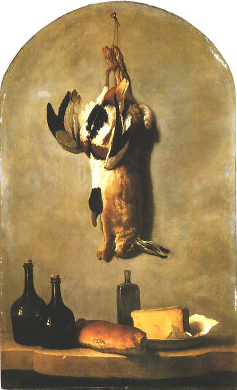 Hare-Duck-Loaf of Bread-Cheese and Flasks of Wine